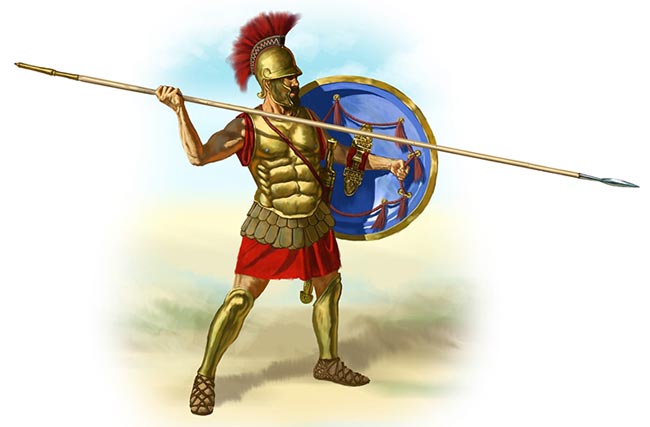 An illustration of a Spartan soldier with spear, helmet and shield