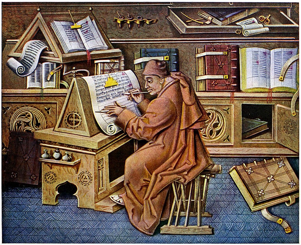 Painting of The Scribe at Work by Jean Le Tavernier, Public domain, via Wikimedia Commons